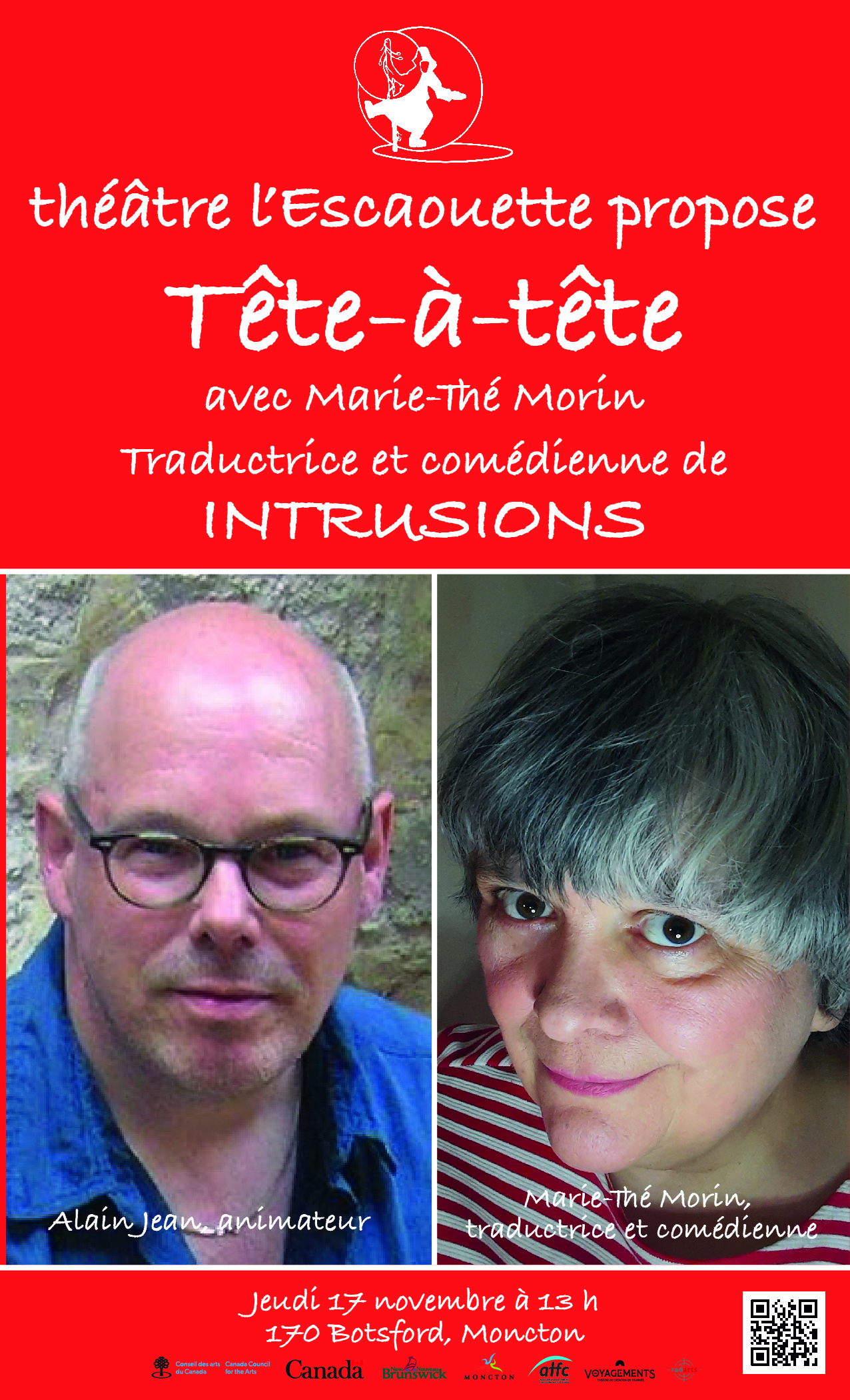 théâtre l’Escaouette propose Tête-à-tête avec Marie-Thé Morin Traductrice et comédienne de INTRUSIONS